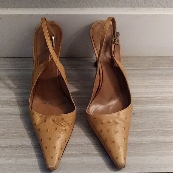 Women's Golden Tan Leather Osterich Sling Heel - Picture 2 of 5